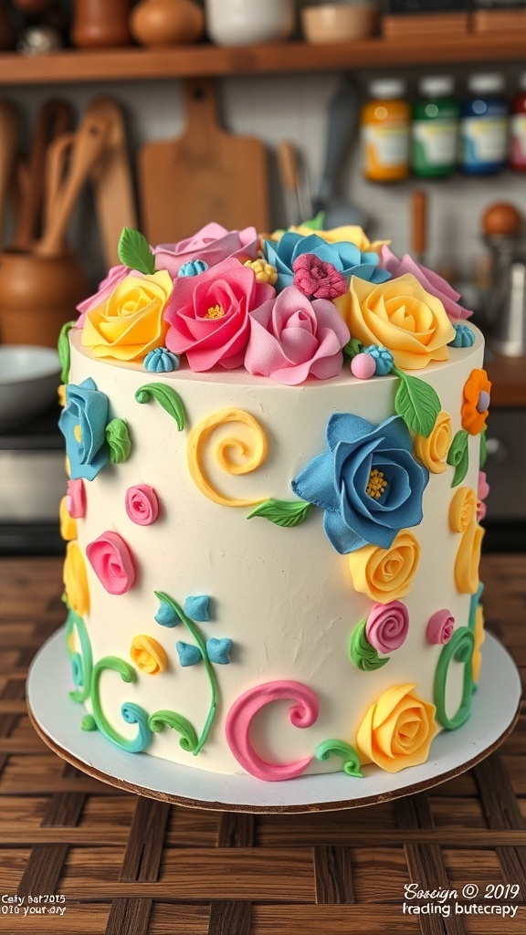 A decorated cake with buttercream flowers and swirls on a rustic kitchen table.